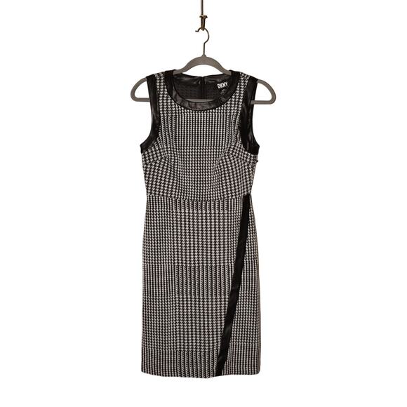 DKNY NEW $134 Houndstooth Sleeveless Dress Faux Leather Trim Black Cream Size 4‎ - Picture 1 of 4